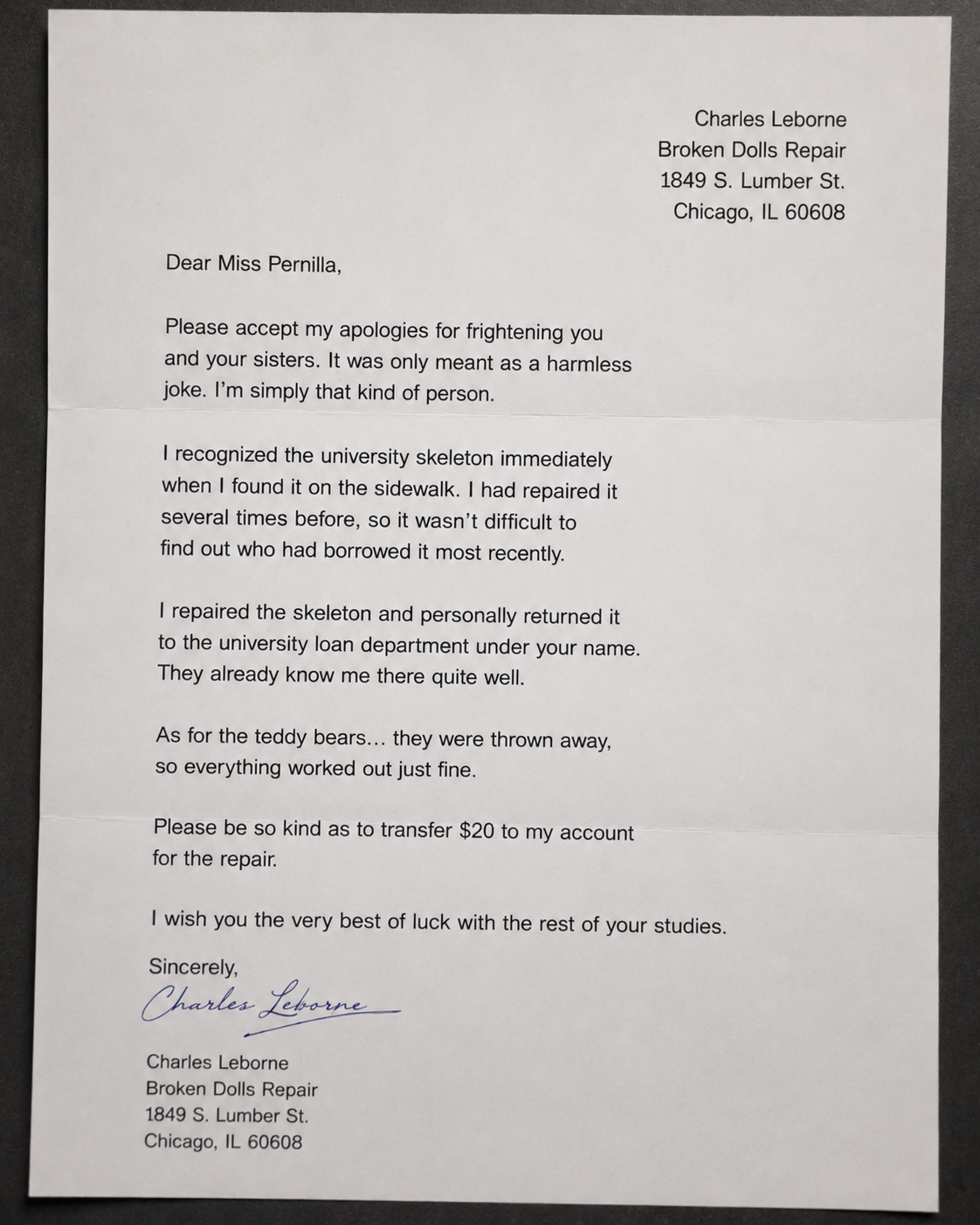 Letter from Charles Leborne